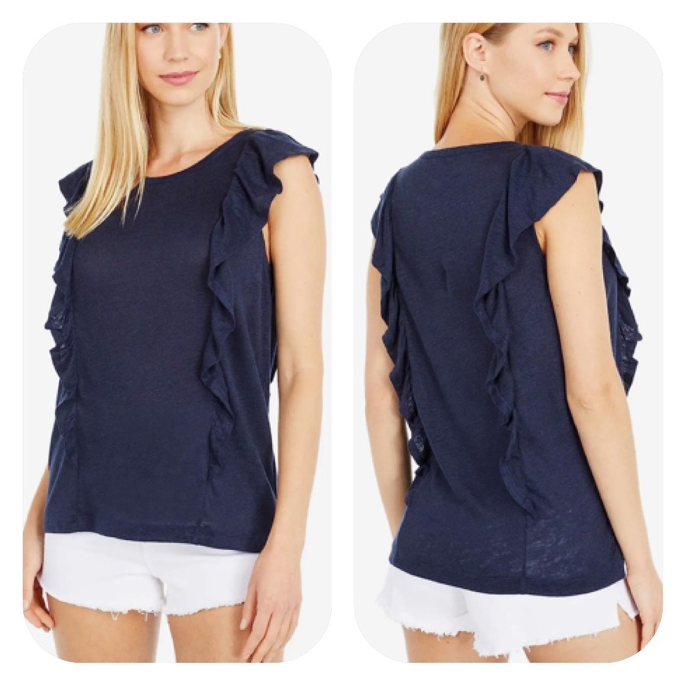 {J. Crew} Linen Ruffle Shell Shell Tank in Navy - Women's Medium - NWT - Picture 1 of 11